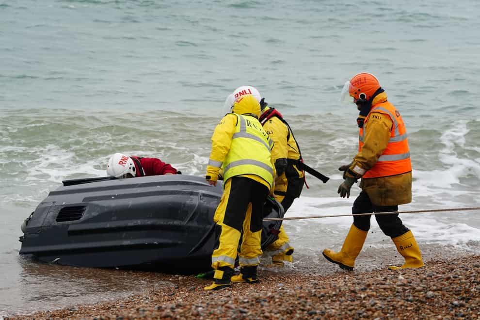 A jet ski thought to have been used in a migrant crossing is brought in to Dungeness, Kent, by the RNLI after being intercepted in the Channel (Gareth Fuller/PA)