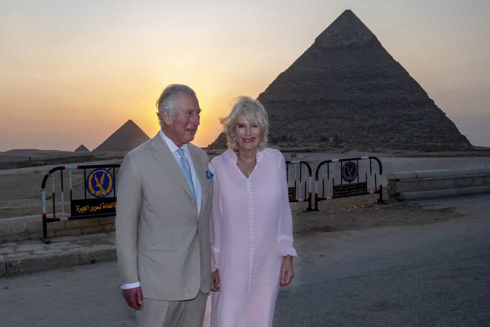 The Prince of Wales and the Duchess of Cornwall during a visit to the Great Pyramids of Giza (Arthur Edwards/PA)