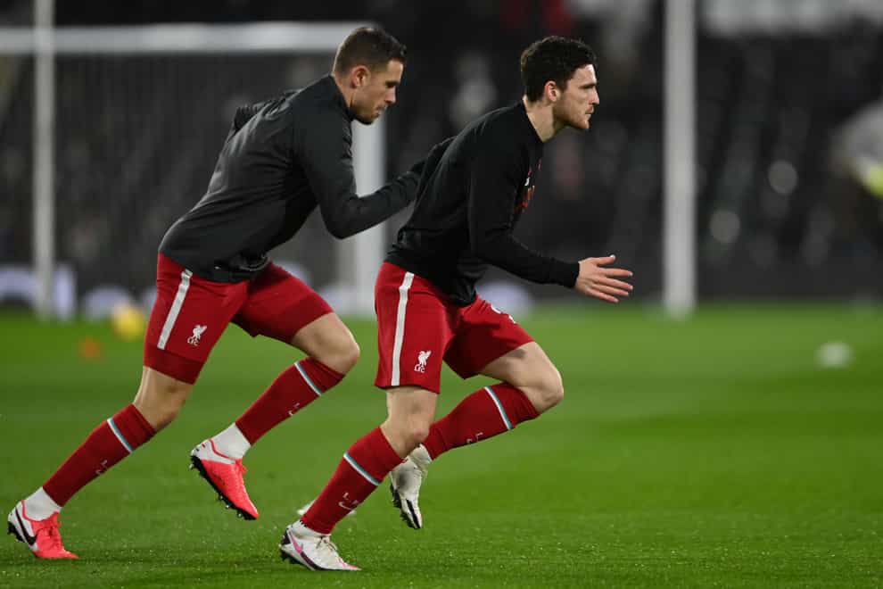 Liverpool’s Jordan Henderson and Andy Robertson face late fitness tests ahead of the visit of Arsenal (Mike Hewitt/PA)