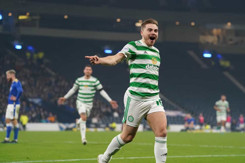 Celtic’s James Forrest celebrates his winner (Andrew Milligan/PA)