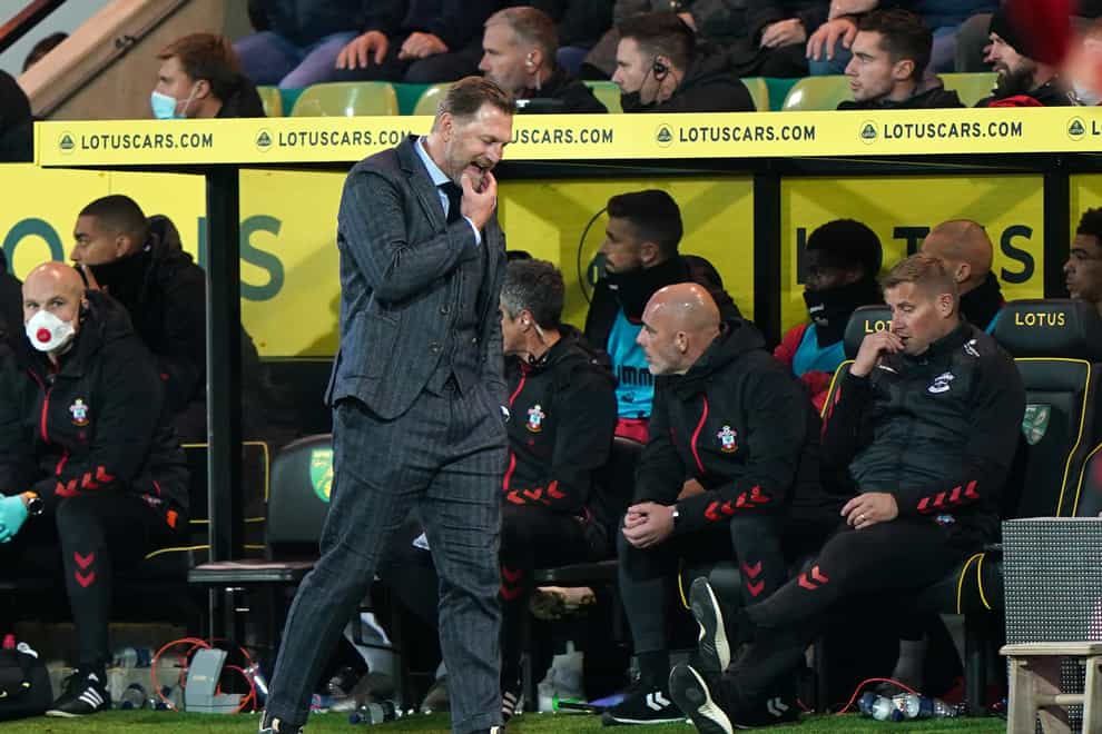 Southampton manager Ralph Hasenhuttl appears dejected at Norwich (Joe Giddens/PA)