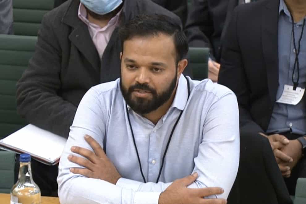 Azeem Rafiq giving evidence at the inquiry into racism he suffered at Yorkshire County Cricket Club (House of Commons/PA)