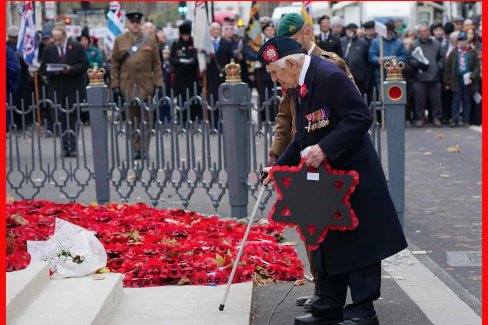 Arthur Lawson lays a wreath during the annual Association of Jewish Ex-Servicemen and Women parade at the Cenotaph in Whitehall, London (Dominic Lipinski/PA)