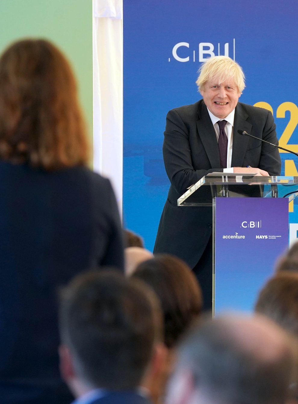 Prime Minister Boris Johnson takes a question after his CBI annual conference speech (Owen Humphreys/PA)