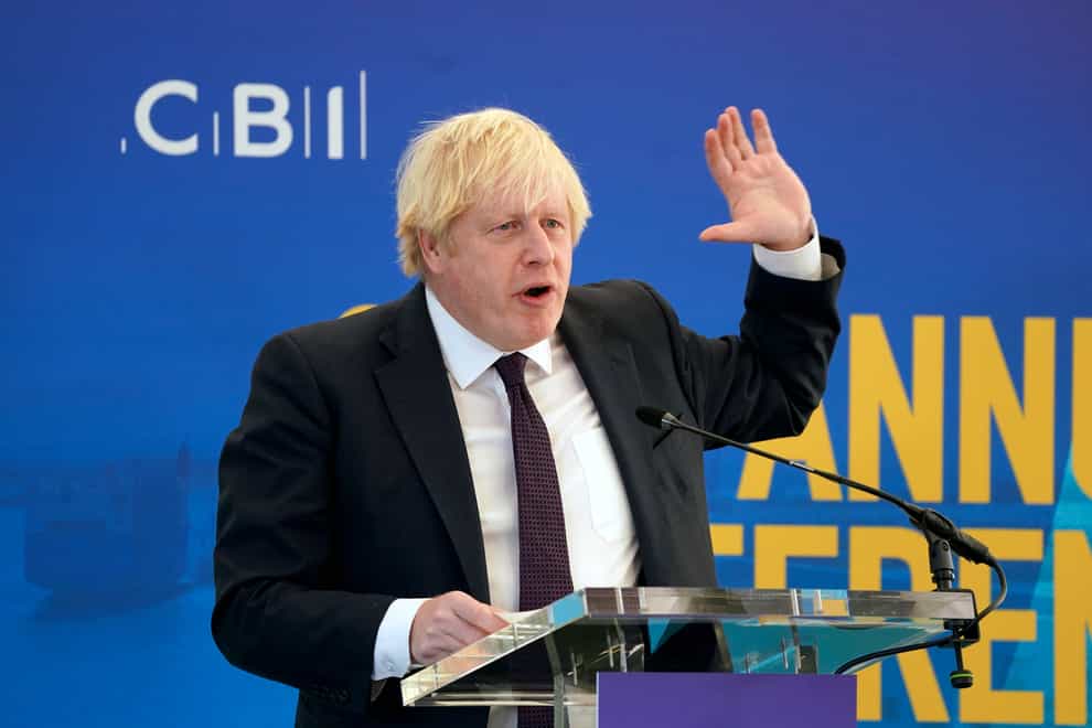Prime Minister Boris Johnson speaking during the CBI annual conference, at the Port of Tyne, in South Shields (Owen Humphreys/PA)