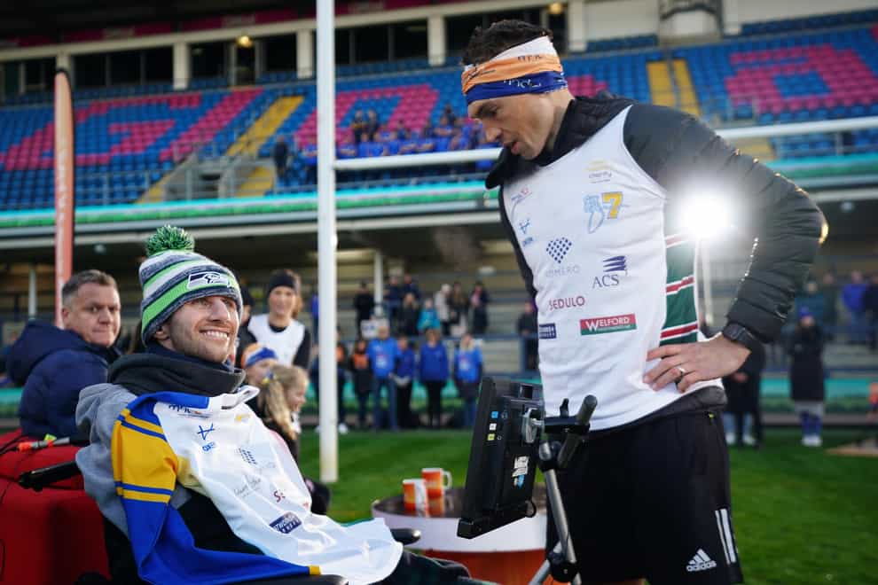 Kevin Sinfield, with Rob Burrow, at Headingley Stadum after completing the Extra Mile Challenge from Leicester to Leeds (Zac Goodwin/PA Images).