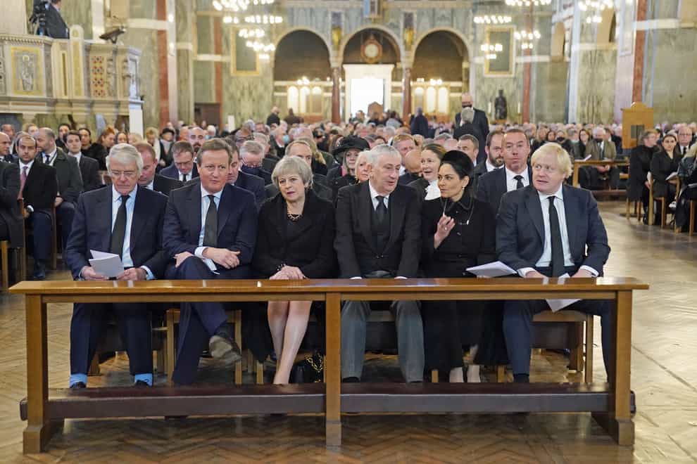 Former prime ministers Sir John Major, David Cameron and Theresa May join Commons Speaker Sir Lindsay Hoyle, Home Secretary Priti Patel and Prime Minister Boris Johnson at the Requiem Mass for Sir David Amess (Stefan Rousseau/PA)