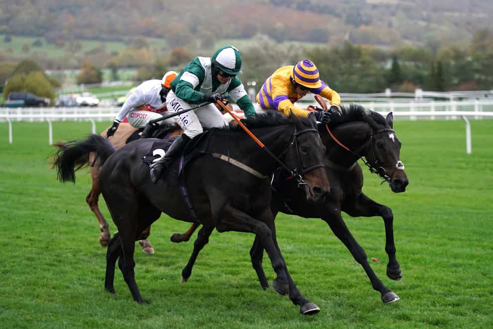 Blazing Khal ridden by Donal McInerney (left) on their way to winning the Ballymore Novices’ Hurdle on day one of the November Meeting at Cheltenham racecourse (David Davies/PA)