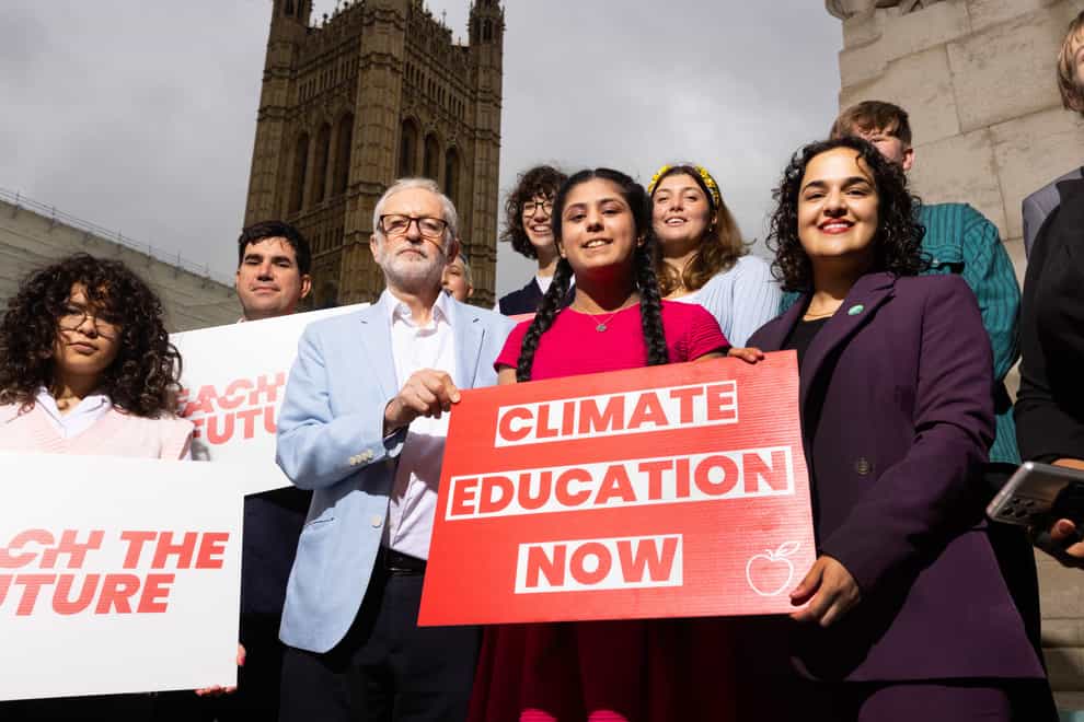 Nadia Whittome and Jeremy Corbyn MP join students from the Teach The Future campaign (David Parry/PA)