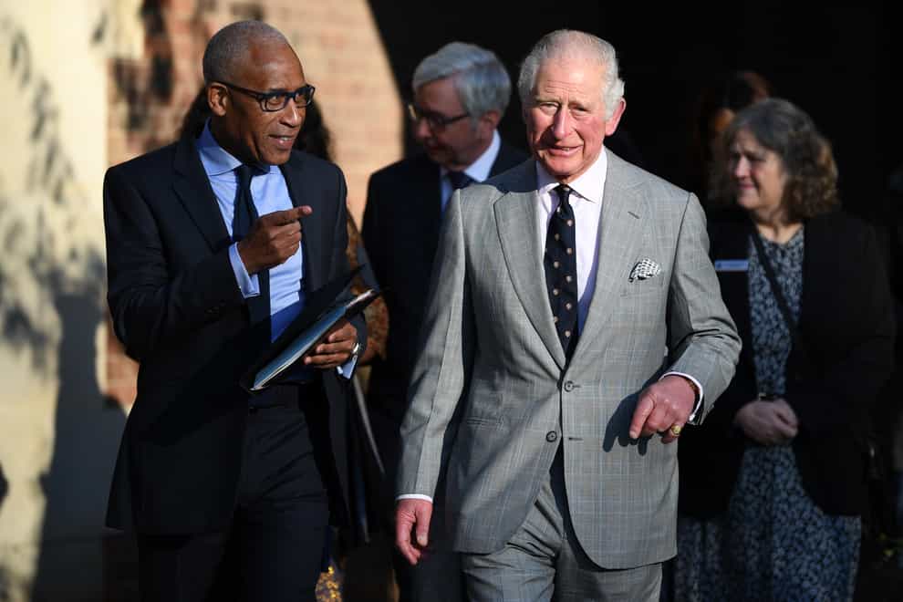 The Prince of Wales with principal Lord Woolley during a visit to Homerton College at the University of Cambridge (Daniel Leal/PA)