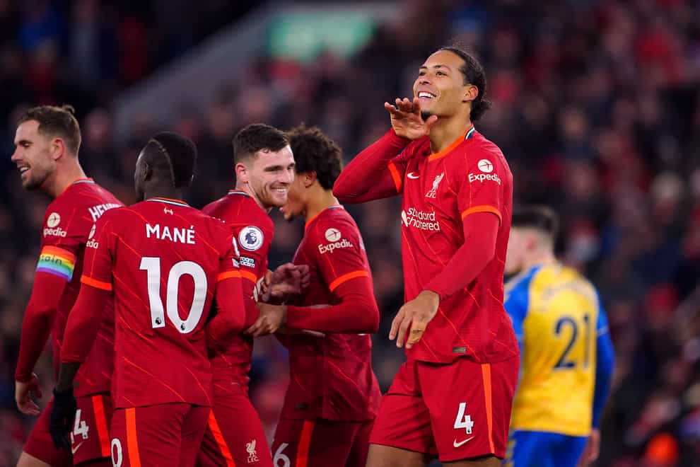 Liverpool’s Virgil Van Dijk celebrates scoring their his side’s fourth goal (Peter Byrne/PA)