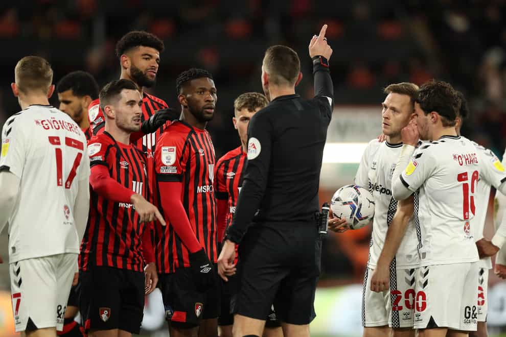 Bournemouth’s Jefferson Lerma, centre, is sent off against Coventry (Kieran Cleeves/PA)