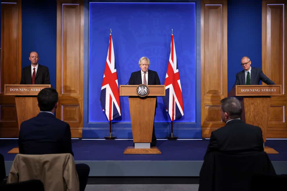 Chief medical officer Professor Chris Whitty, left, Prime Minister Boris Johnson. centre, and chief scientific adviser Sir Patrick Vallance fronted the press conference (Hollie Adams/PA)
