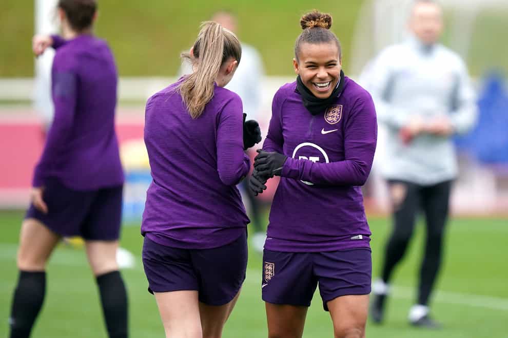 England’s Nikita Parris (right) during a training session at St George’s Park, Burton upon Trent. Picture date: Tuesday November 23, 2021.