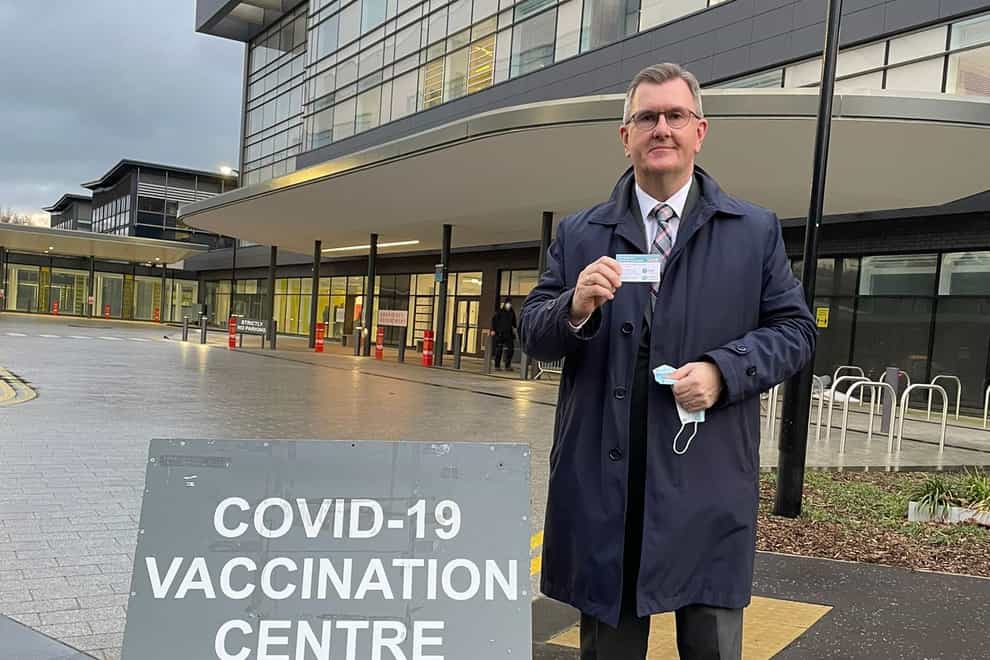 DUP leader Sir Jeffrey Donaldson at the Ulster Hospital on the outskirts of Belfast after receiving his booster Covid-19 vaccination (DUP/PA)