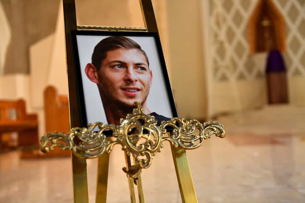 A portrait of Emiliano Sala is displayed at the front of St David’s Cathedral, Cardiff (Jacob King/PA)