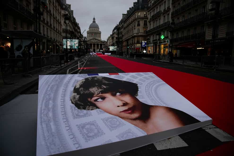 Pictures of Josephine Baker and a red carpet lead to the Pantheon monument in Paris (AP)