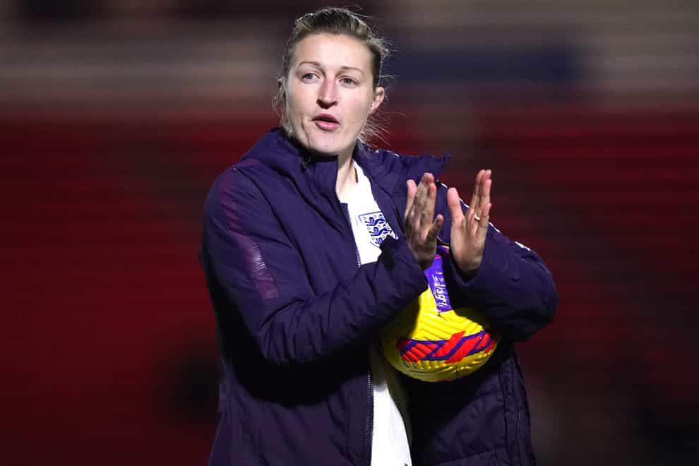 England’s Ellen White with the match ball after the 20-0 victory against Latvia (Tim Goode/PA)
