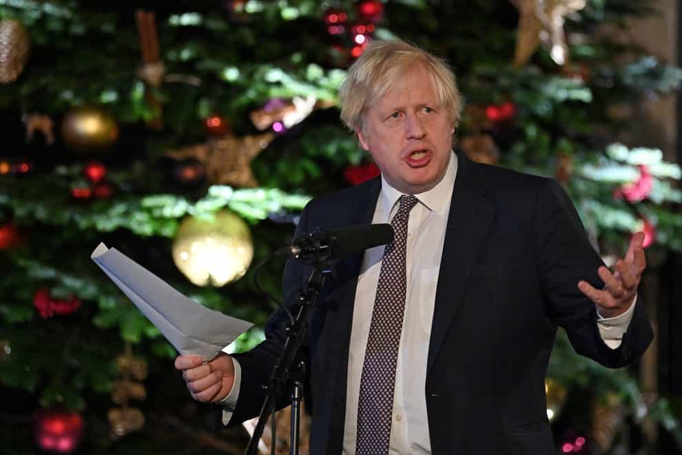 Prime Minister Boris Johnson makes a speech as he visits a UK Food and Drinks market which has been set up in Downing Street, London (PA)