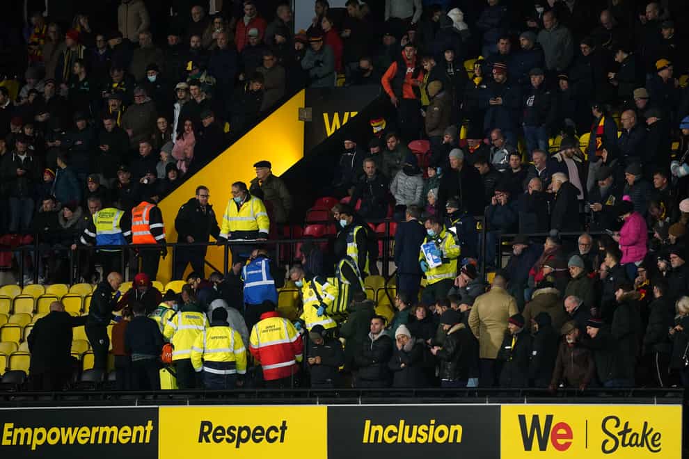 Watford and Chelsea players were forced to return to the dugout due to a medical emergency in the Graham Taylor stand nine minutes into the game at Vicarage Road (Mike Egerton/PA)