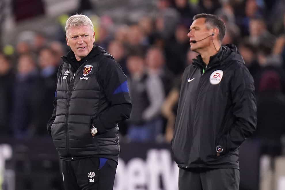 David Moyes (left) was left frustrated as his side saw a goal ruled out following a VAR check (Adam Davy/PA)