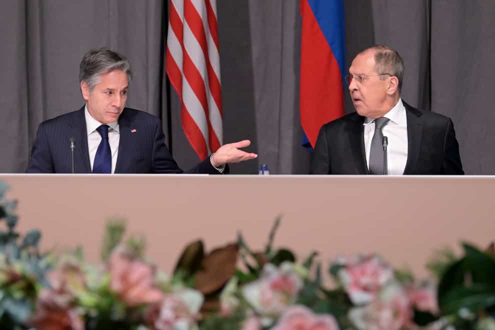 US secretary of state Antony Blinken, left, and Russian foreign minister Sergey Lavrov in Sweden (Jonathan Nackstrand/Pool Photo via AP)