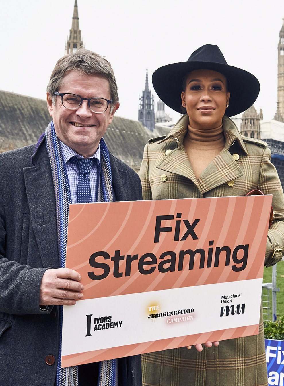 Kevin Brennan MP and Rebecca Ferguson in Parliament Square, Westminster, highlighting the Bill which aims to ensure artists are ‘fairly paid’ for streams of their music (Jonathan Stewart/PA)