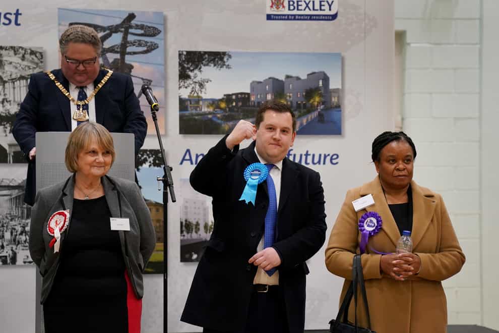Conservative candidate Louie French celebrates victory in the Old Bexley and Sidcup by-election at Crook Log Leisure Centre in Bexleyheath, Kent (PA)