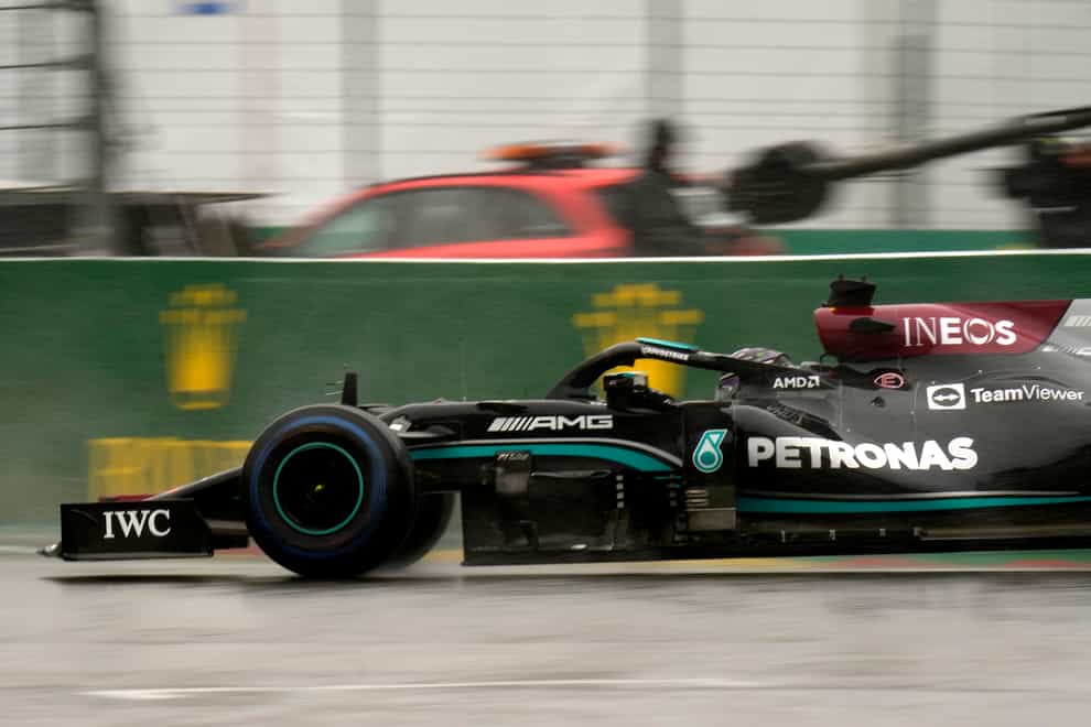 Mercedes driver Lewis Hamilton of Britain steers his car during the Formula One Grand Prix at the Spa-Francorchamps racetrack in Spa, Belgium, Sunday, Aug. 29, 2021. (AP Photo/Francisco Seco)