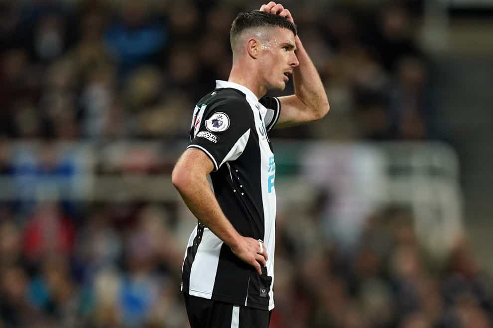 Newcastle’s Ciaran Clark is suspended after being sent off against Norwich on Tuesday evening (Mike Egerton/PA)