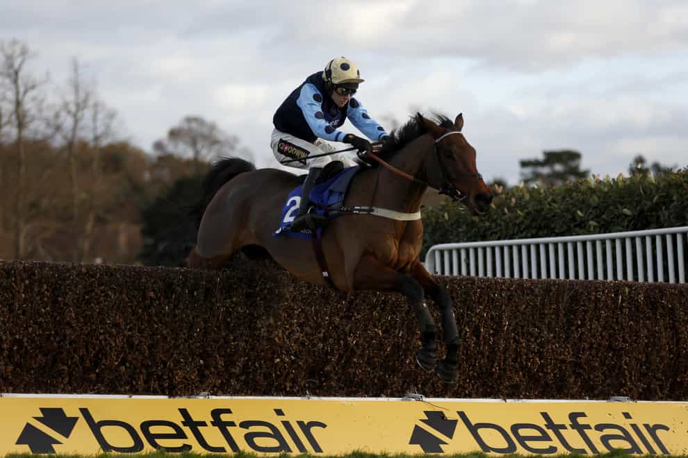 Edwardstone ridden by jockey Tom Cannon on their way to winning the Close Brothers Henry VIII Novices’ Chase during the Betfair Tingle Creek Festival at Sandown Park Racecourse (Steven Paston/PA)