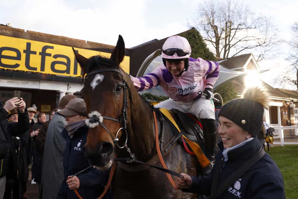 Jockey Bryony Frost with Greaneteen after they won the Betfair Tingle Creek Chase during the Betfair Tingle Creek Festival at Sandown Park Racecourse (Steven Paston/PA)