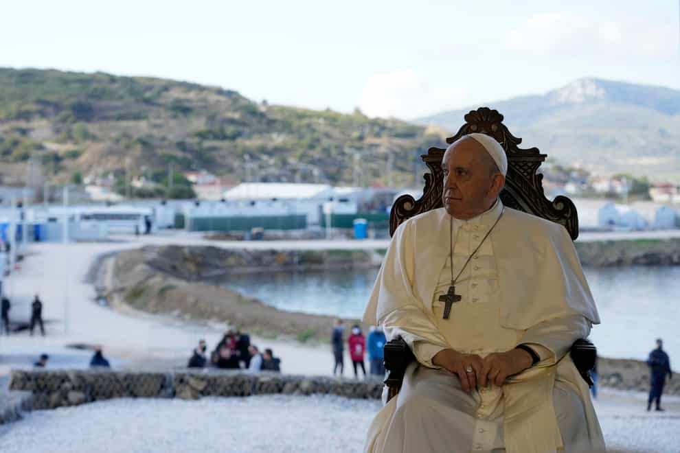 Pope Francis attends a ceremony at the Karatepe refugee camp, on the northeastern Aegean island of Lesbos, Greece (Alessandra Tarantino/AP)