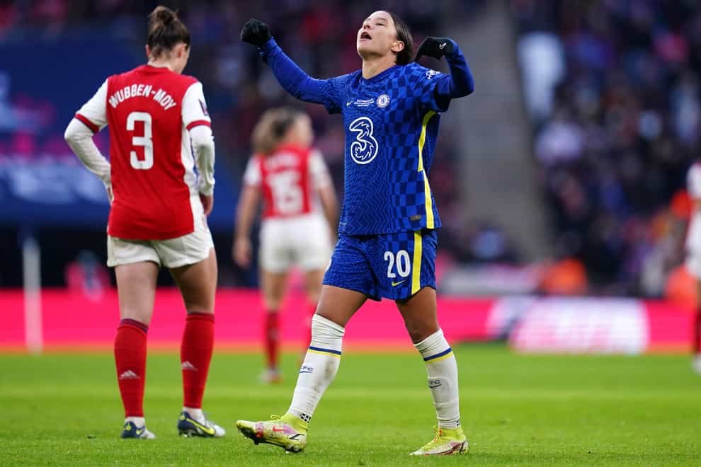 Chelsea’s Sam Kerr celebrates the first of her two goals in the 3-0 Women’s FA Cup final win over Arsenal at Wembley (John Walton/PA Images).