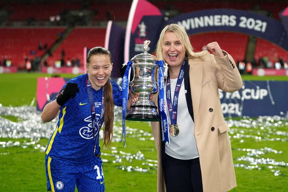 Chelsea manager Emma Hayes (right) celebrates with goalscorer Fran Kirby after the 3-0 women’s FA Cup final win over Arsenal (John Walton/PA Images).