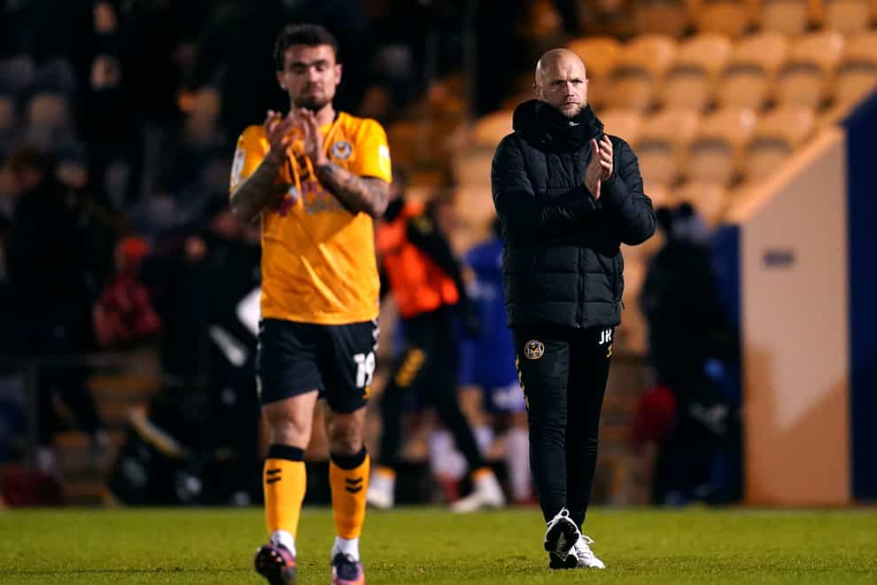 Dominic Telford (left) will miss Newport’s League Two clash with Sutton after testing positive for coronavirus manager James Rowberry (right) has revealed (John Walton/PA)
