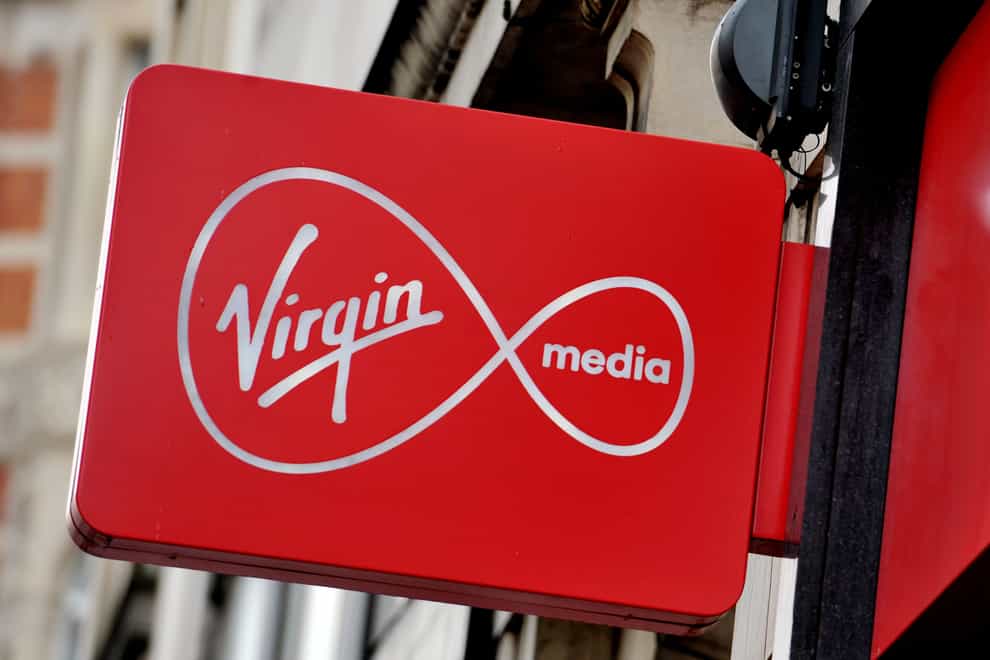 A shop sign for Virgin media in central London.