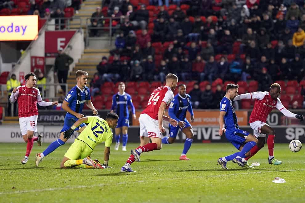 Freddie Ladapo, right, opens the scoring for Rotherham (Tim Goode/PA)