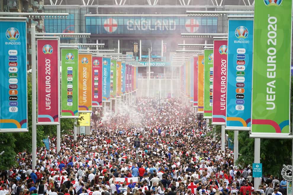 England fans outside the ground at Wembley Stadium before the Euro 2020 final (PA)