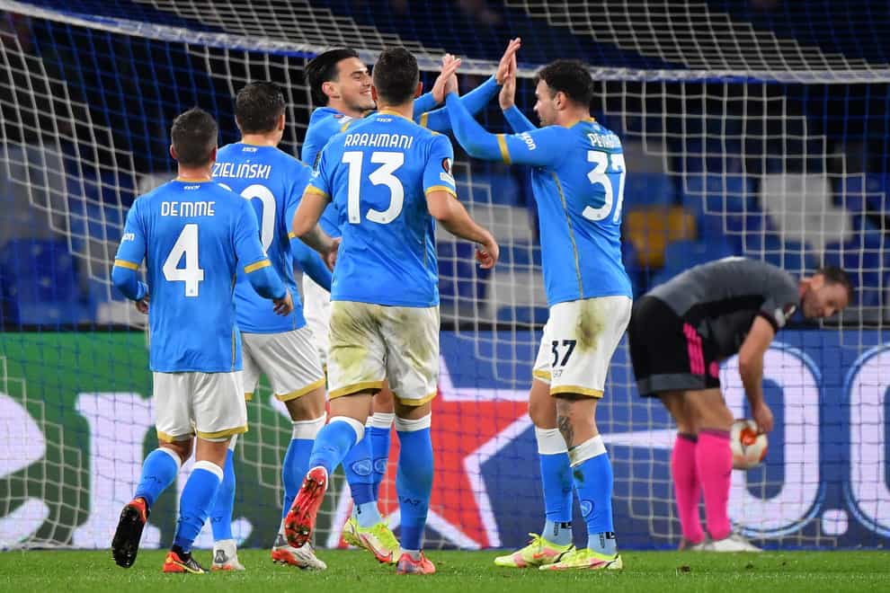 Napoli’s Eljif Elmas (centre) celebrates and Leicester are out of the Europa League (Carmelo Imbesi/PA)