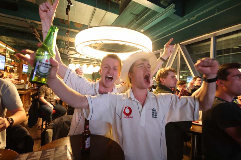 Members of the Barmy Army at Greenwood’s sports bar in Victoria, London, prior to watching day four of the first Ashes test being played at The Gabba, in Brisbane, Australia (James Manning/PA)