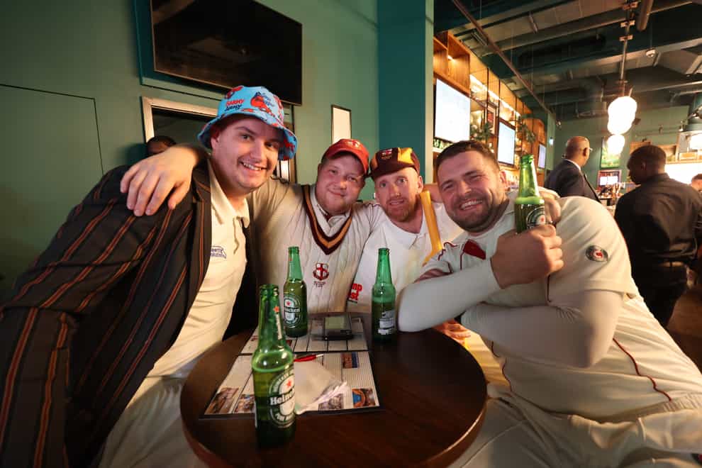 Members of the Barmy Army at Greenwood’s sports bar in Victoria, London (James Manning/PA)