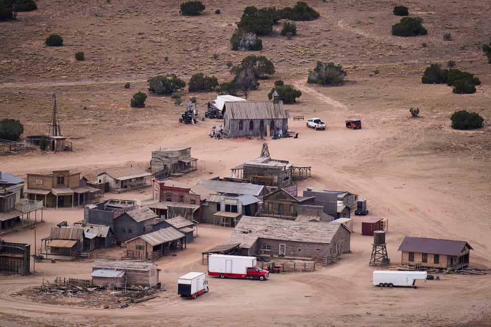 FILE – This aerial photo shows the Bonanza Creek Ranch in Santa Fe, N.M., on Oct. 23, 2021, where actor-producer Alec Baldwin fired a prop gun on the set of a Western which killed the cinematographer. Baldwin said in an ABC interview that he didn’t pull the trigger. He says he partially pulled back the hammer of the revolver and it fired when he let go. (AP Photo/Jae C. Hong, File)