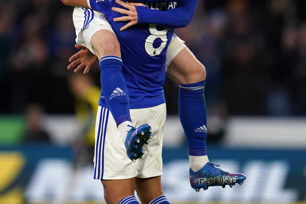 James Maddison and Youri Tielemans celebrate during Leicester’s win over Newcastle. (Nick Potts/PA)