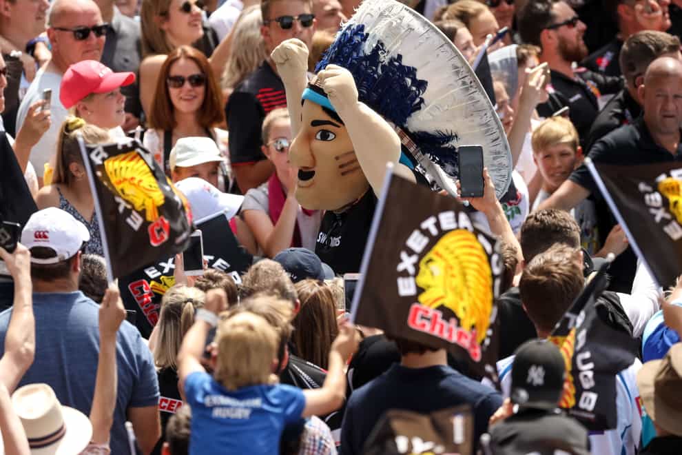 Exeter Chiefs have retired mascot Big Chief, centre, amid continued calls for them to ditch Native American-style branding (Paul Harding/PA)