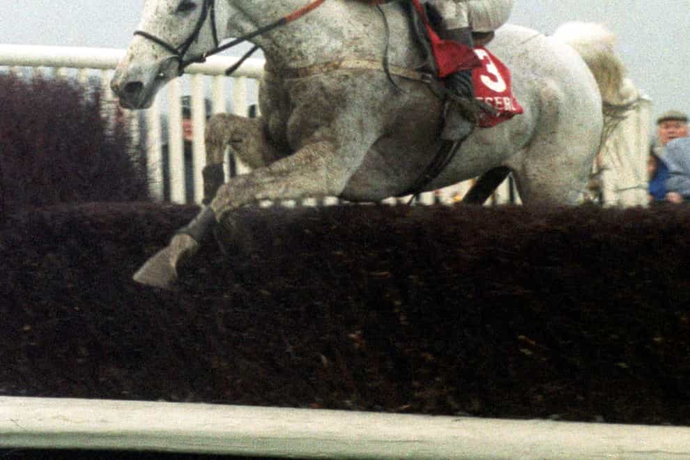 Desert Orchid and Richard Dunwoody on their way to the grey’s fourth victory in the King George VI Chase at Kempton Park (Adam Butler/PA)