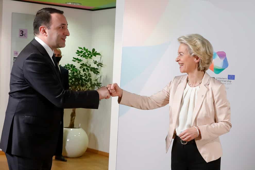 European Commission President Ursula von der Leyen greets Georgia’s prime minister Irakli Garibashvili (Stephanie Lecocq, Pool Photo via AP)