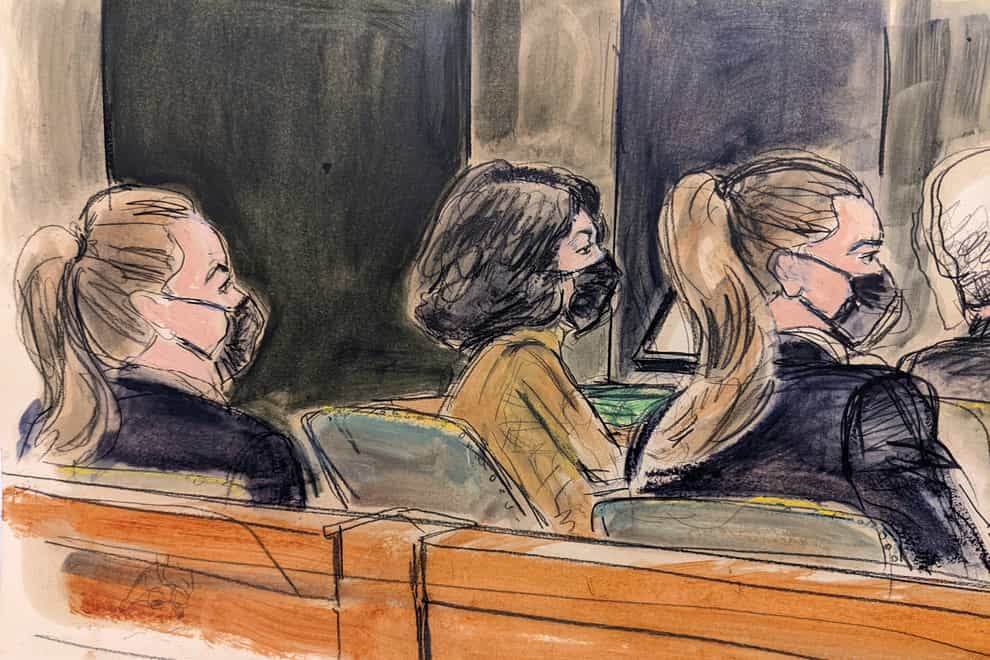 Courtroom sketch showing Ghislaine Maxwell, centre, seated in court (Elizabeth Williams/AP)