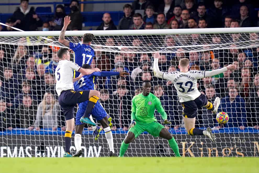 Jarrad Branthwaite (right) punished Chelsea for their poor finishing with the goal that earned Everton a draw (Adam Davy/PA)