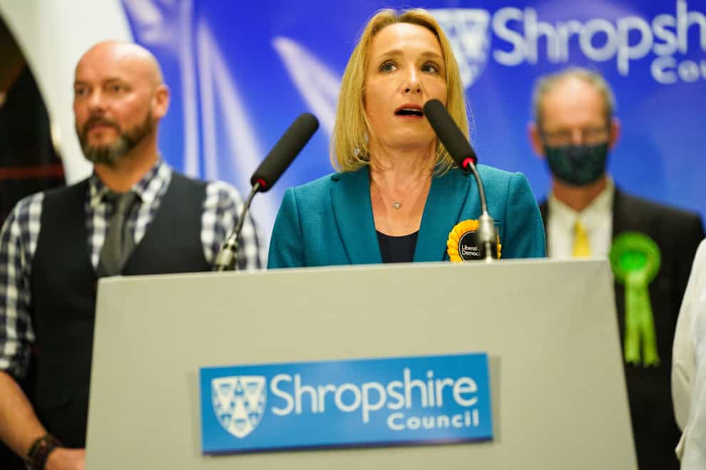 Helen Morgan of the Liberal Democrats makes a speech after being declared the winner in the North Shropshire by-election at Shrewsbury Sports Village. Picture date: Friday December 17, 2021.